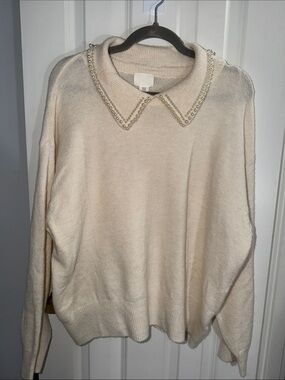H&M Pearl-Trim Cream Crewneck Sweater